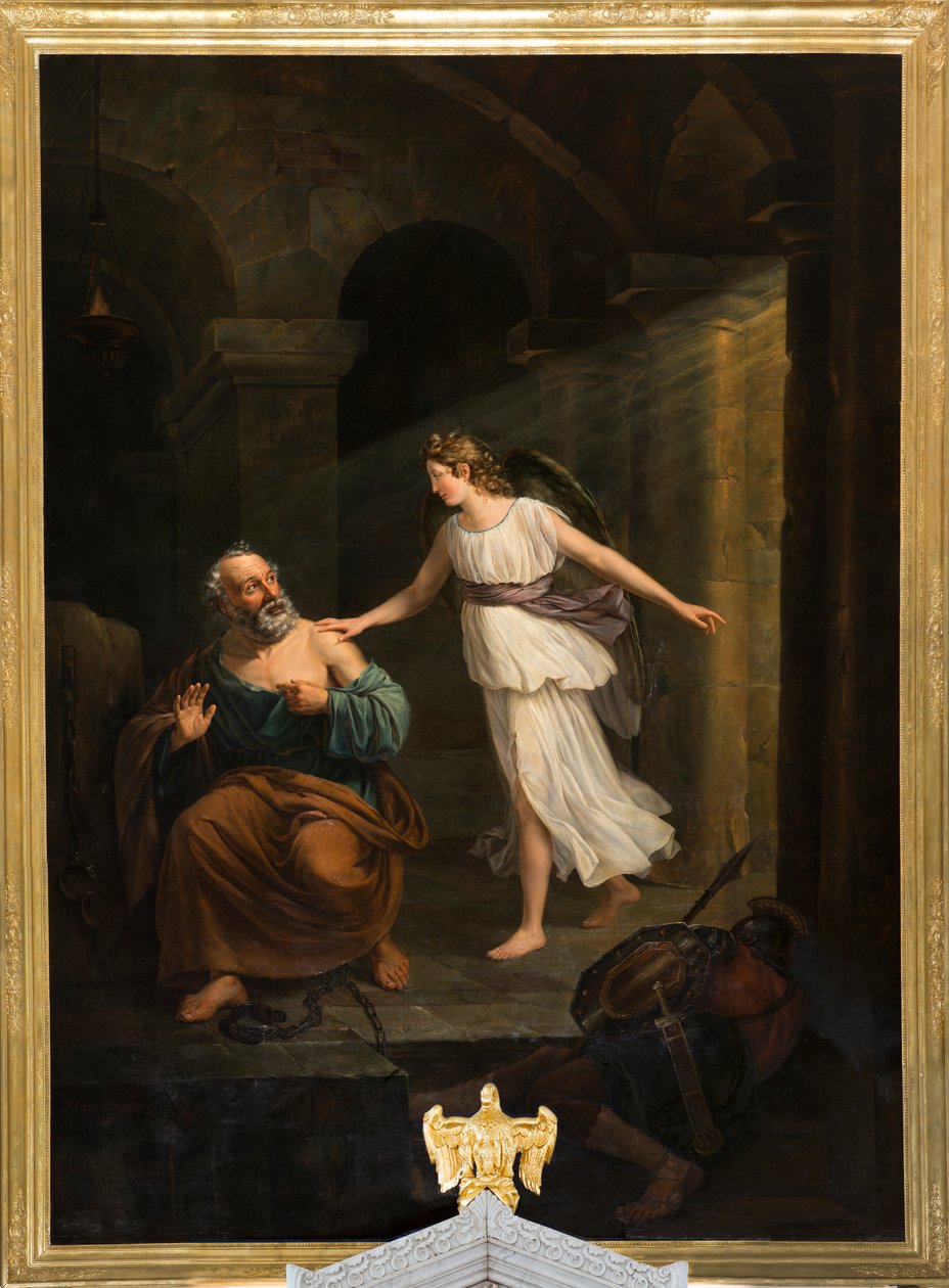 كنيسة الرعية (Nederbrakel ، أبرشية كنيسة Sint-Pieter-in-de-Banden). الداخلية. لوحة. "القديس بطرس سلمه الملاك وتوما". جان هنري ديكوين. حوالي عام 1835. بواسطة جان هنري دي كوين