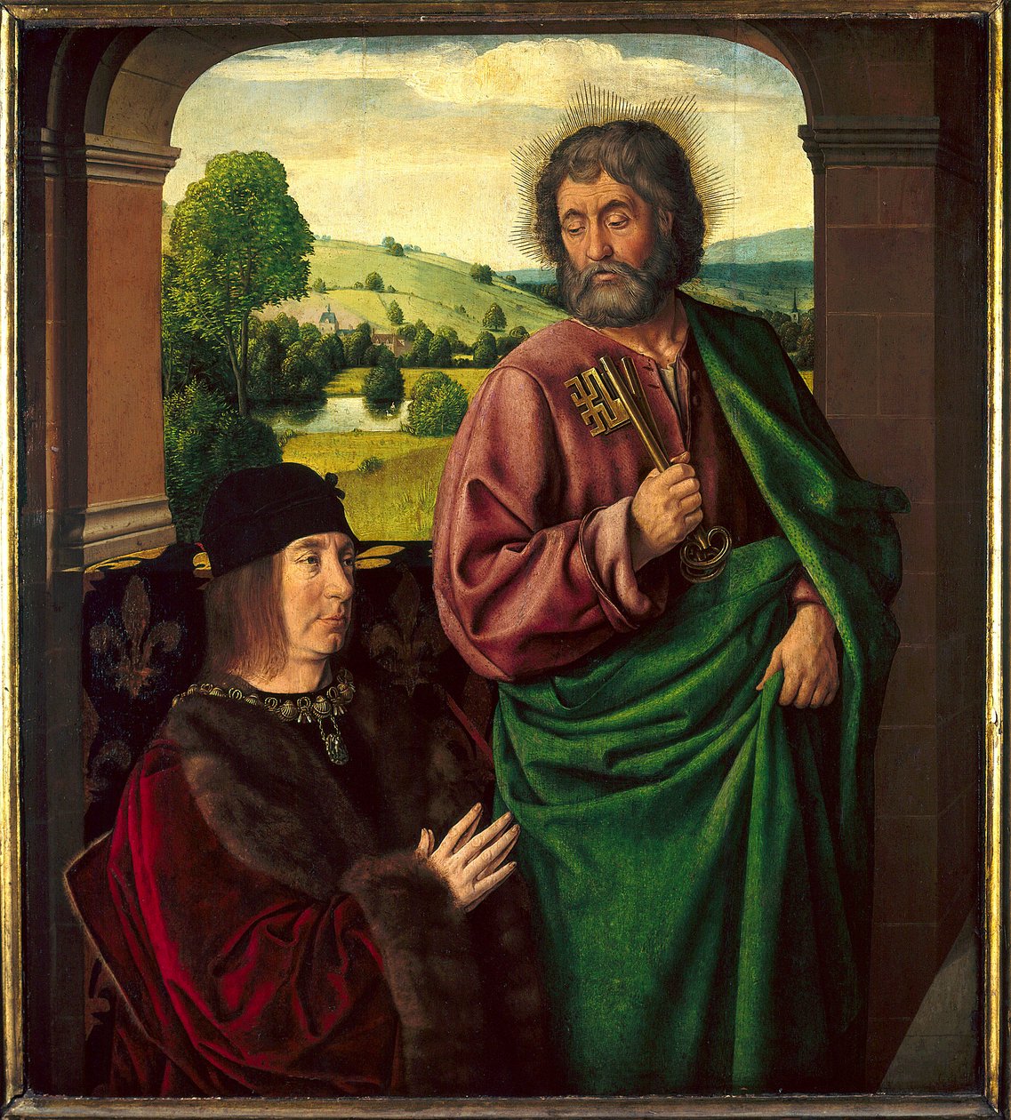 Portrait of Pierre II de Beaujeu, Duke of Bourbon (1439-1505) Presented by Saint Pierre Peinture de Maitre de Moulins ou Jean Hey (1450-1505). Sun 0,73 X 0,65 m بواسطة جان هاي
