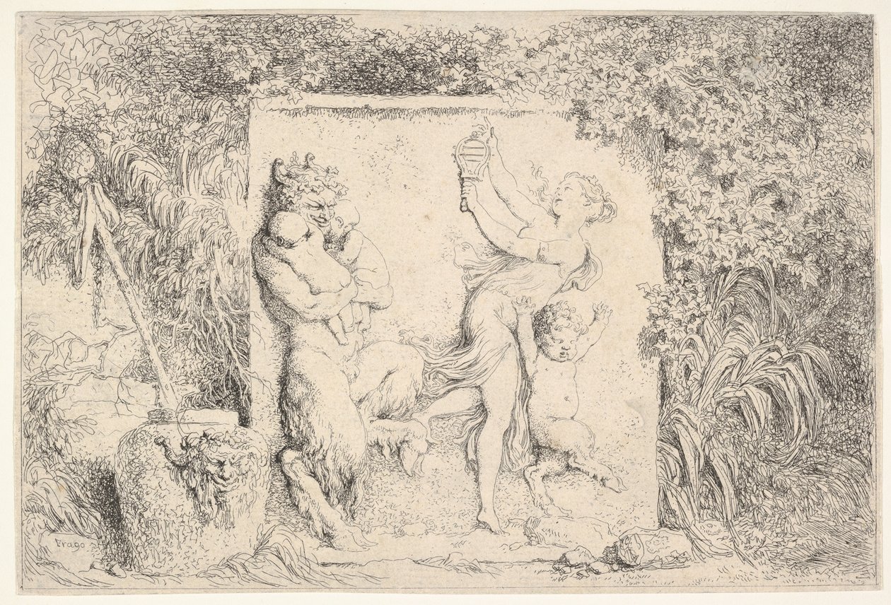 نقش بارز يصور ساتير على اليسار يحمل طفلين ، طفل آخر يشبع إلى اليمين ... ، 1763. بواسطة جان هونوري فراجونارد