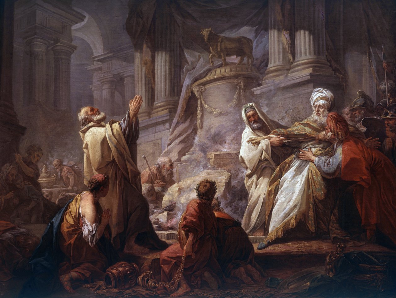 Jeroboam Sacrificing to Idols - “The Sacrifice of Jeroboam to the Idols” Before Jeroboam, the first king of Israel, who is apprehended to sacrifice to the Golden Calf, stands on the left a prophete, with his hands raised to heaven to invoke the God of Isra بواسطة جان هونوري فراجونارد