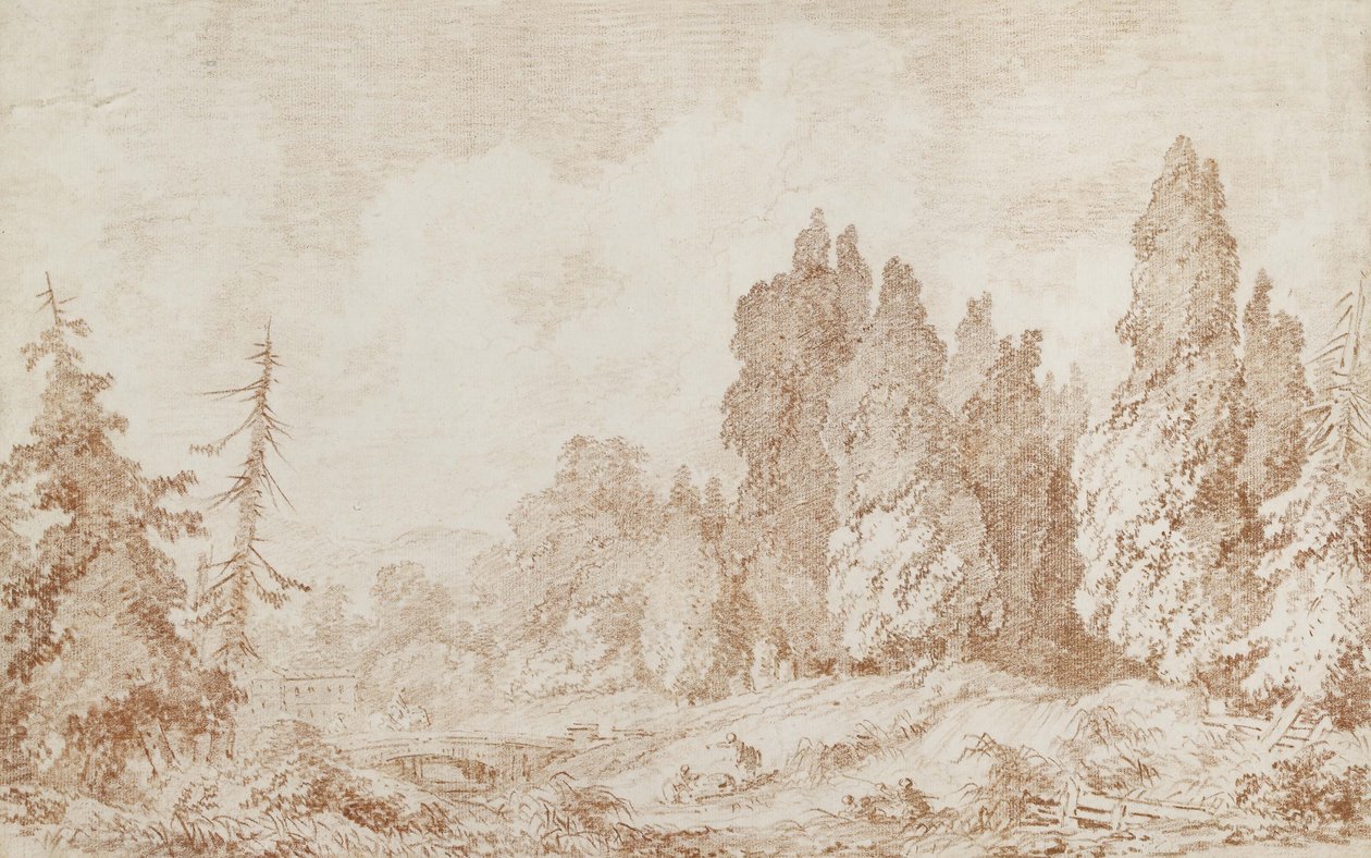 منظر طبيعي مع جسر ، c.1760 (طباشير أحمر على ورق أبيض عاجي) بواسطة جان هونوري فراجونارد