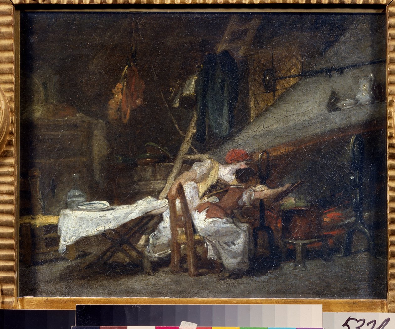 "Pres du poele" (عند الموقد) مشهد في المطبخ ، بالقرب من الموقد ، الطهاة يشاهدون طهي طبق في وعاء. رسم جان هونوري فراجونارد (1732-1806). زيت على قماش. روكوكو. متحف بوشكين ، موسكو بواسطة جان هونوري فراجونارد