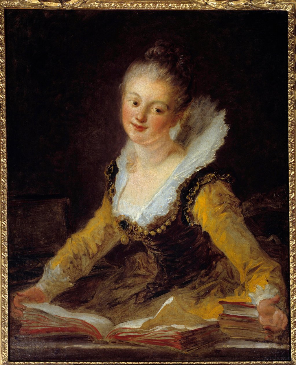 يذاكر. امرأة لديها مكتبها يتصفح الكتب لتتعلم. لوحة جان هونوري فراجونارد (1732-1806) بواسطة جان هونوري فراجونارد
