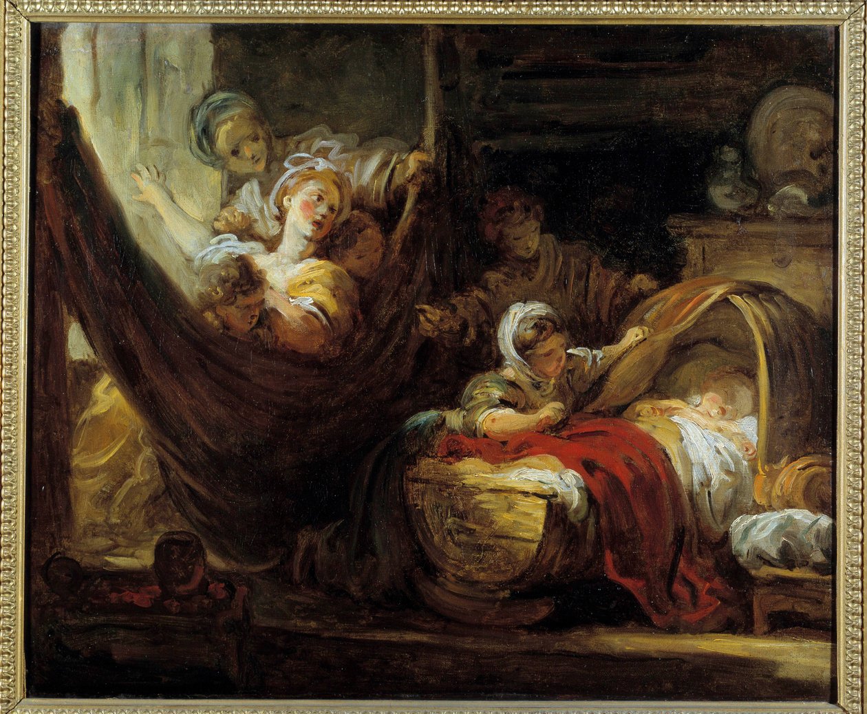 The cradle A mother on a hammock surrounded by her daughters and an infant in a basket. Painting by Jean Honore Fragonard (1732-1806) 18th century Amiens, Musee de Picardie بواسطة جان هونوري فراجونارد