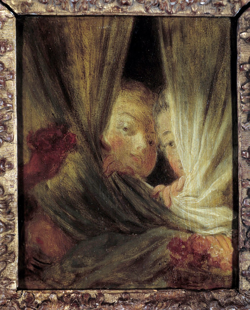 الفتاتان الفضوليتان تتجسسان خلف الستائر. رسم جان أونوريه Fragonard (1732-1806) من القرن الثامن عشر. 0،16 × 0،12 م. بواسطة جان هونوري فراجونارد