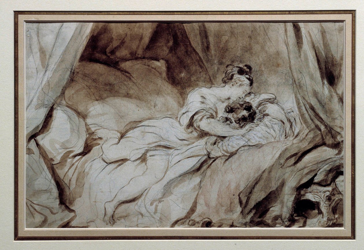 The happy moment A couple stroking each other in a bed. Drawing in the Bistre Wash by Jean Honore Fragonard (1732-1806) 18th century Private Collection بواسطة جان هونوري فراجونارد