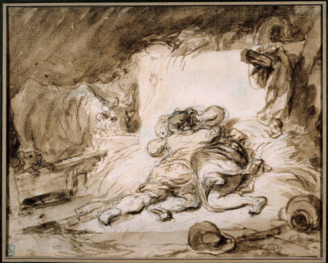 الإسطبل زوجان يعانقان كومة قش. رسم في الغسل بواسطة جان أونوريه فراجونارد (1732-1806) باريس. متحف كونياك جاي بواسطة جان هونوري فراجونارد