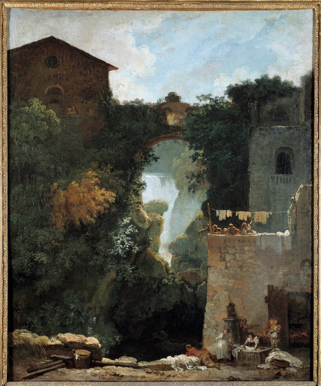 شلالات Tivoli Des lavandieres وسط منظر طبيعي للشلالات. رسم جان أونوريه Fragonard (1732-1806) من القرن الثامن عشر. 0،72x0،6 م. بواسطة جان هونوري فراجونارد