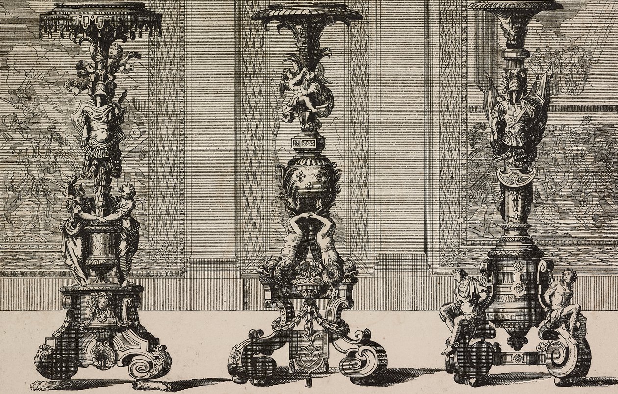 شمعدانات برونزية كبيرة ، نقش جان بيرين (1640-1711) من L'Art pour Tous ، Encyclopedie de l'Art Industriel et Decoratif ، بقلم إميل ريبر ، رقم 50 ، باريس بواسطة جين بيرين