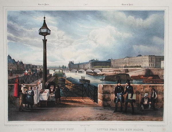 متحف اللوفر بالقرب من الجسر الجديد ، من "متنزهات باريس وآخرون ضواحيها" ، حوالي عام 1840 (نقش ملون) بواسطة جان جاكوتيت