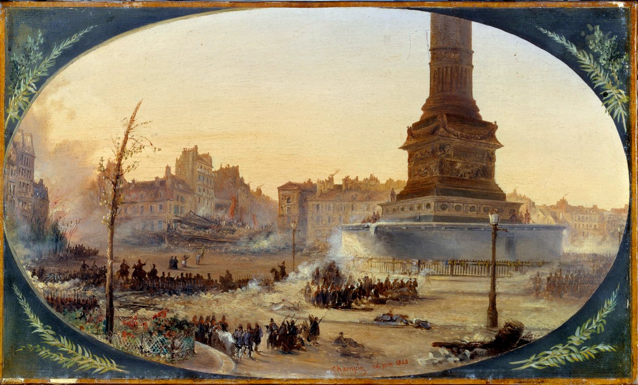 ثورة 1848: "" منظر لميدان الباستيل وحاجز مدخل القديس فوبورج أنطوان 25/06/1848 "لوحة على ورق مارفل بقلم جان جاك شامبين (1796-1860) 1848 صن. 0،28 × 0،43 م باريس ، متحف كارنافالي بواسطة جان جاك شامبين