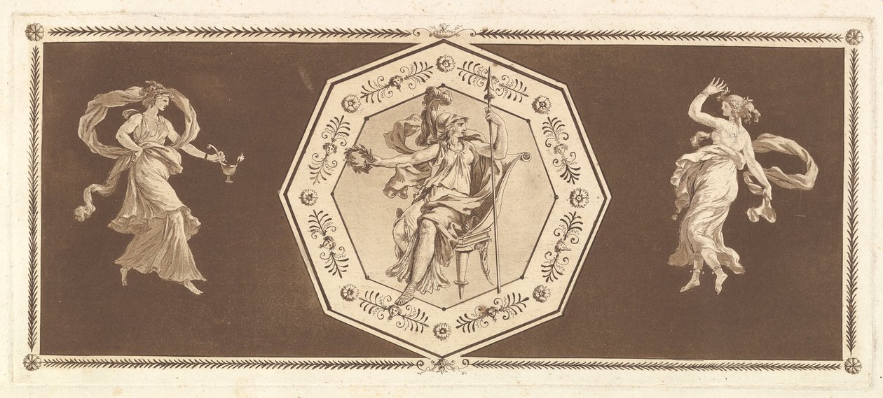 مينيرفا جالسًا في مثمن زخرفي ، مع صورة إلى اليسار واليمين في الليل ... ، 1784. بواسطة جان جاك لاغريني
