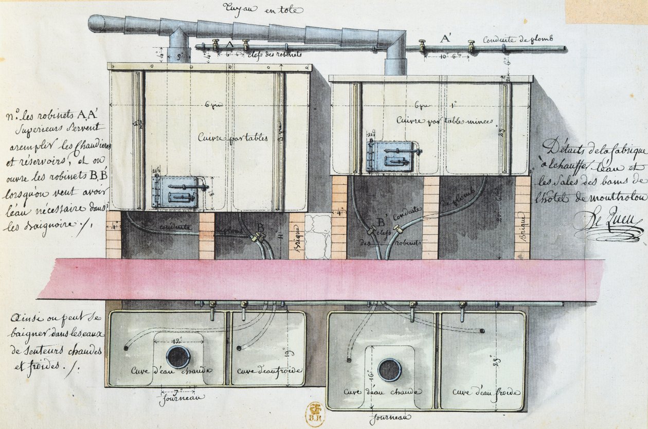 تصميم لنظام تسخين المياه في فندق de Montholon في باريس ، c.1787 (مرحاض على ورق) بواسطة جان جاك ليكو