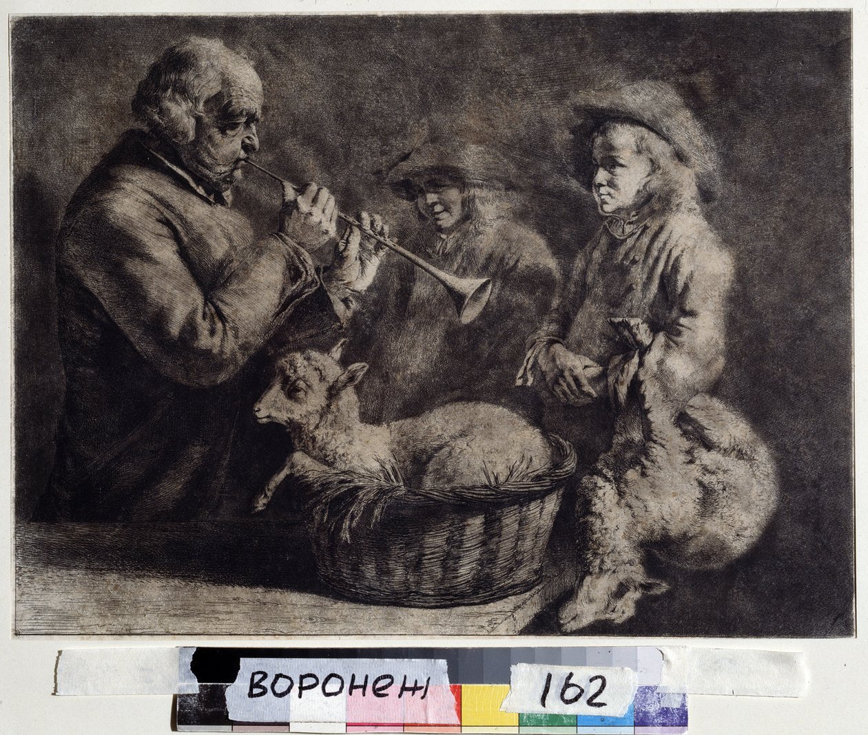 "عازف المزمار" موسيقي يعزف المزمار أمام راعين. نقش خشبي لجين جاك دي بواسيو (1736-1810) 1772 متحف إيفان كرامسكوي (أو كرامسكوي) للفنون الجميلة في فورونيج (فورونيج) ، روسيا. بواسطة جان جاك دي بويسيو
