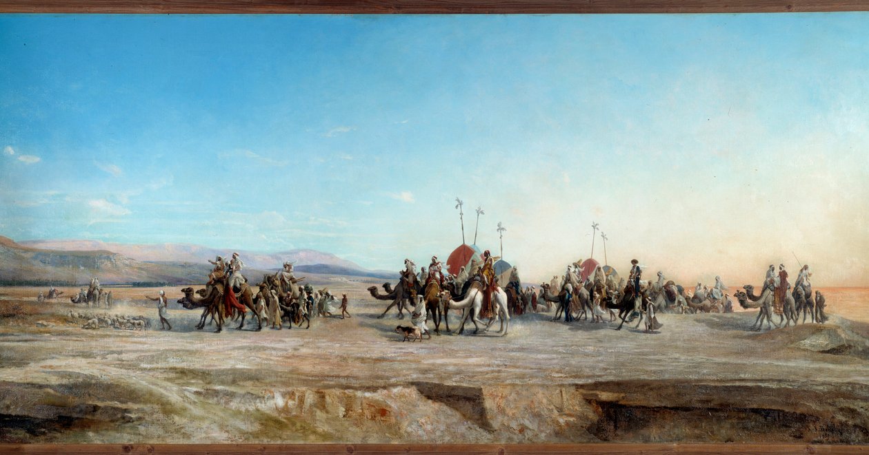أبحث عن قوافل تخييم للبدو والجمال في الصحراء. رسم جان جوزيف بيلل (1816-1898) مونبلييه القرن التاسع عشر ، متحف فابر - يبحث عن معسكر. قوافل البدو والجمال في الصحراء. رسم جان جوزيف بيلل (1816-1898) بواسطة جان جوزيف بيلل