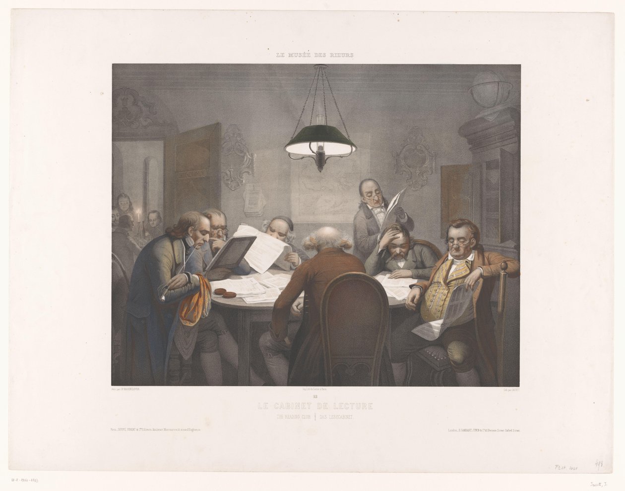 خزانة القراءة مع رجال القراءة على طاولة مستديرة Le Cabinet de Lecture / The Reading Club / Das Lesec Cabinet (العنوان على الكائن) متحف الضحك (عنوان السلسلة) Le Musée des rieurs (عنوان المسلسل على الكائن) بواسطة جان جوليان جاكوت