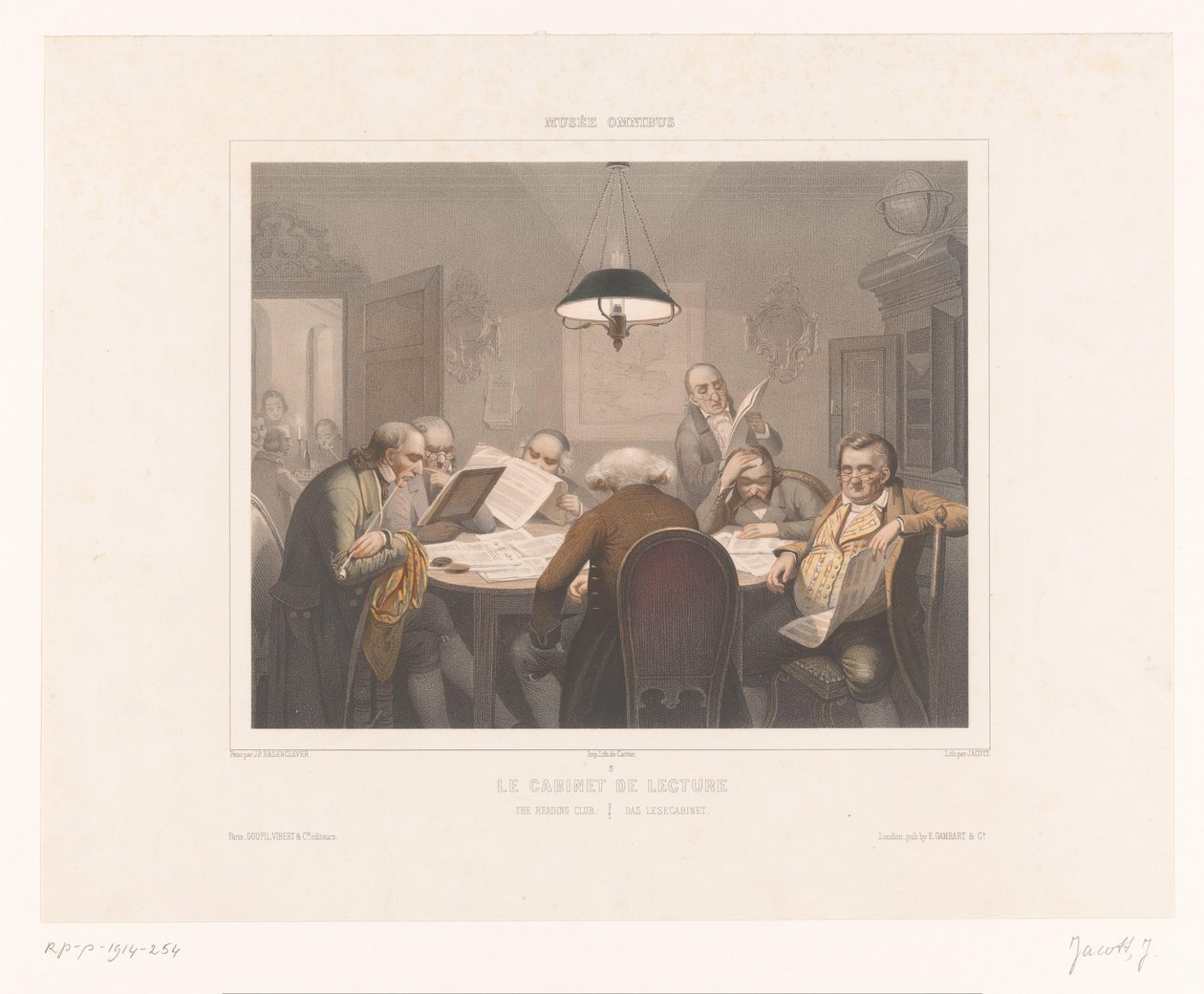 سبعة رجال يقرؤون على طاولة Le Cabinet de Lecture / نادي القراءة / Das lesec Cabinet (العنوان على الكائن) تصوير الأنشطة الخاصة (عنوان السلسلة) Musée omnibus (عنوان السلسلة على الكائن) بواسطة جان جوليان جاكوت