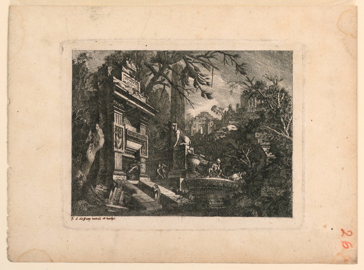 الخيال المعماري مع القبر والآثار ، لوحة من "Ruins Inventione de Giovan. Loren ، Legeay Architet. منحوت بنفسه في لوس 1768" بواسطة جان لوران ليجاي
