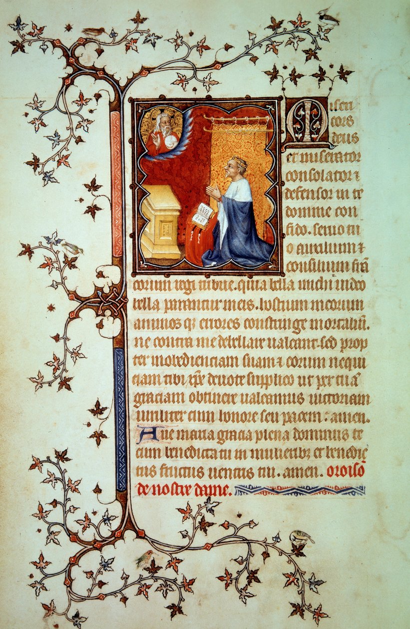 صلى دوق جون الأول من بيري (1340-1416) أمام الله الذي باركه صورة مصغرة من المخطوطة (مللي ثانية لات. 18014) "الساعات الصغيرة لجون بيري" "التي أضاءها جون الأسود ، حوالي 1375. باريس ، ب. بواسطة جان لو وورشة عمل (اتر. إلى) نوار