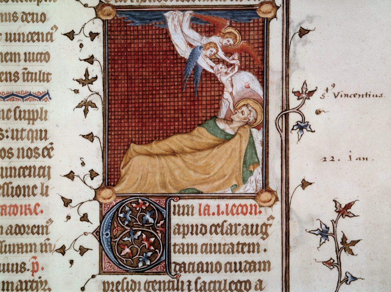 وفاة القديس فنسنت من سرقسطة في 304 صورة مصغرة مأخوذة من "Breviarium Parisiense" (Breviaire de Paris) المعروفة باسم Breviaire de Charles V ، والتي رسمها جان لو نوار (Man. Lat. 1052 ، fol. 326) بواسطة جان لو وورشة عمل (اتر. إلى) نوار