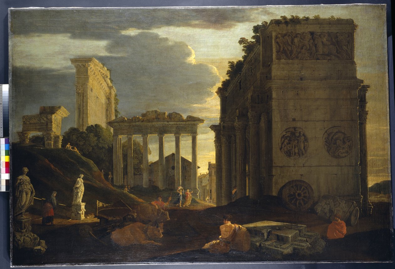 Capriccio view with figures by a triumphal arch and the Temples of Saturn and Jupiter Tonans (oil on canvas) بواسطة جان لومير