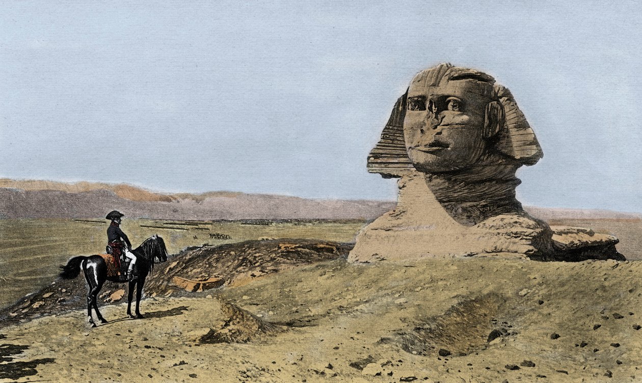 نابليون وأبو الهول - حملة (بعثة) مصر (1798-1801): نابليون بونابرت (1769-1821) أمام أبو الهول بالجيزة في مصر بواسطة جان ليون (بعد) جيروم