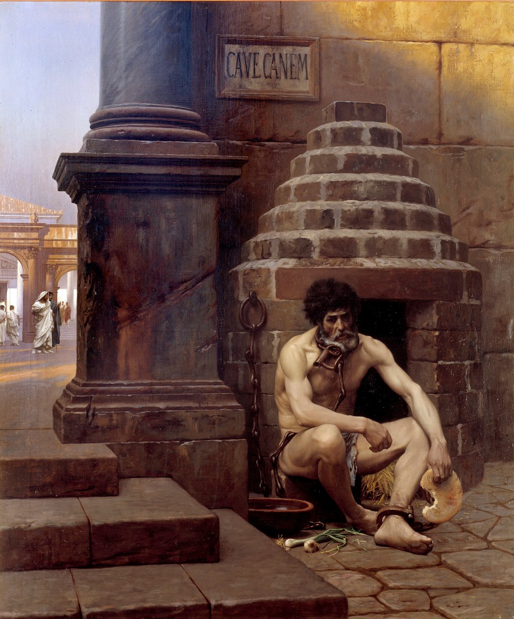 Cave canem Prisoner of war in Rome, chain like a dog at the corner of a street “” Beware of the dog”””. Painting by Jean Leon Gerome (1824-1904) 19th century Sun. 1,06x0,9 m Vesoul, musee Georges Garret - Cave Canem; A war prisoner in Roma, chained like a  بواسطة جان ليون جيروم