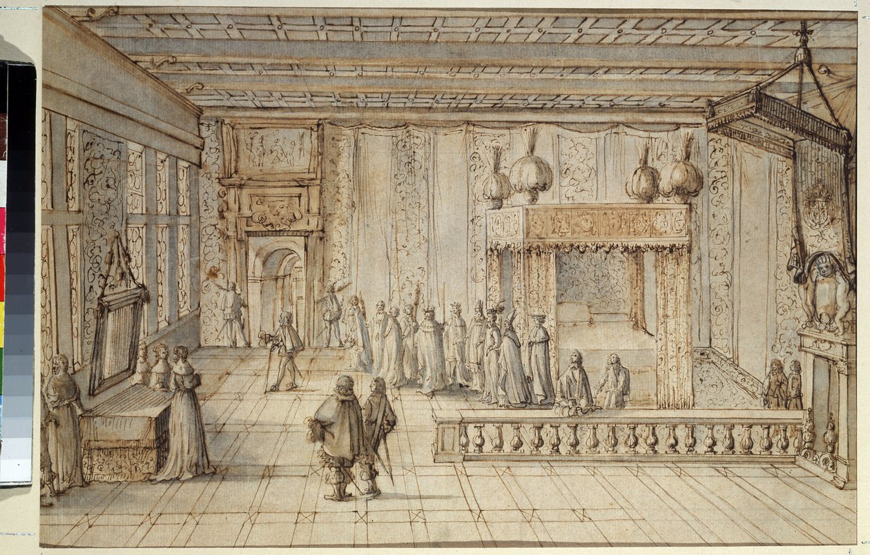 غرفة نوم الملك لويس الرابع عشر (1638-1715) في فرساي. غرفة الملك لويس الرابع عشر في فرساي. رسم جان لو بوتر (1618-1682) بواسطة جان ليبوتر