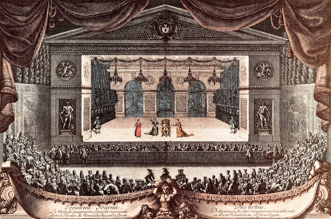 "Le sick imaginaire" (الخيال غير صالح) لجين بابتيست بوكلين دي موليير في فرساي (نقش ملون) بواسطة جان ليبوتر