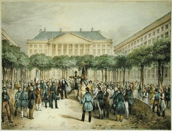 دفن الثوار في ساحة Martyres de la Liberte ، بروكسل ، 2 أكتوبر 1830 ، نقش بواسطة AM Jobard (fl 1820-20) (color litho) بواسطة جان لويس (بعد) فان هيميلريك