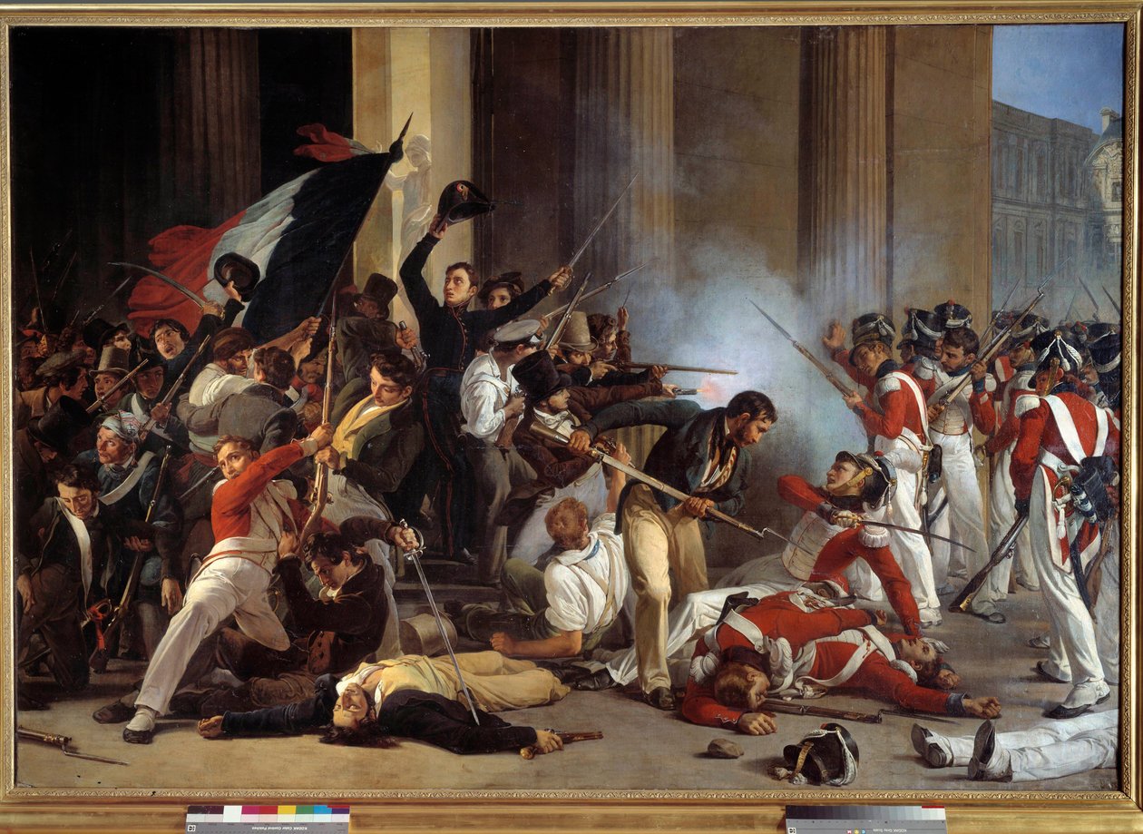 ثورة 1830: "" خلال الثلاثة Glorieuses ، الاستيلاء على متحف اللوفر في 29/07/1830 ومذبحة للحرس السويسريين "لوحة جان لويس بيزارد (1799 - بعد 1861) 1830 صن. 1.76 × 2.45 م باريس ، متحف كارنافالي - ثورة 1830: "" الاستيلاء على متحف اللوفر بواسطة جان لويس بيزارد