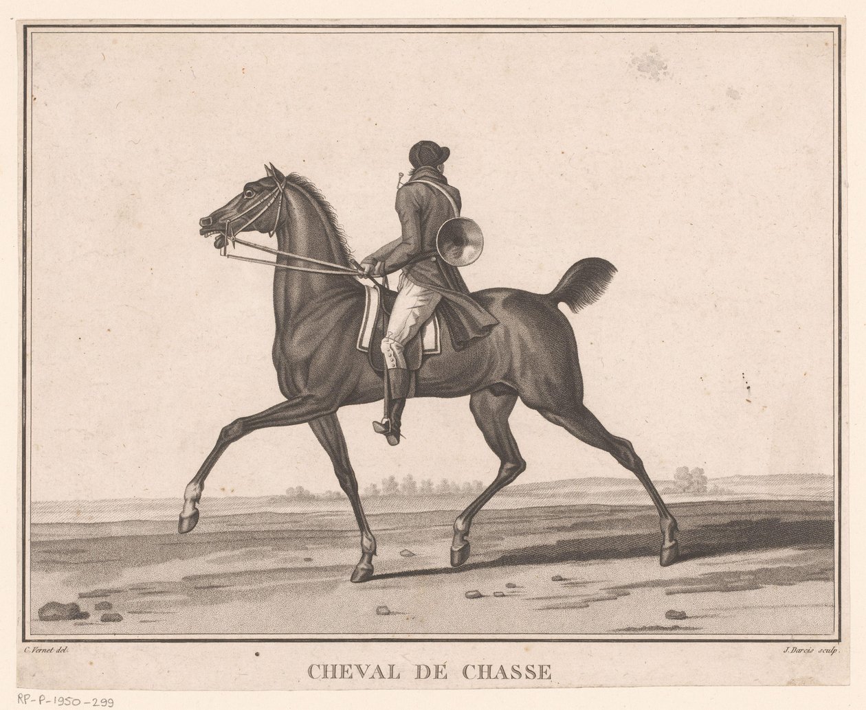 راكب على ظهور الخيل مع قرن الصيد Cheval de Chasse (العنوان على الكائن) Sujets de chevaux (عنوان المسلسل) بواسطة جان لويس دارسيس