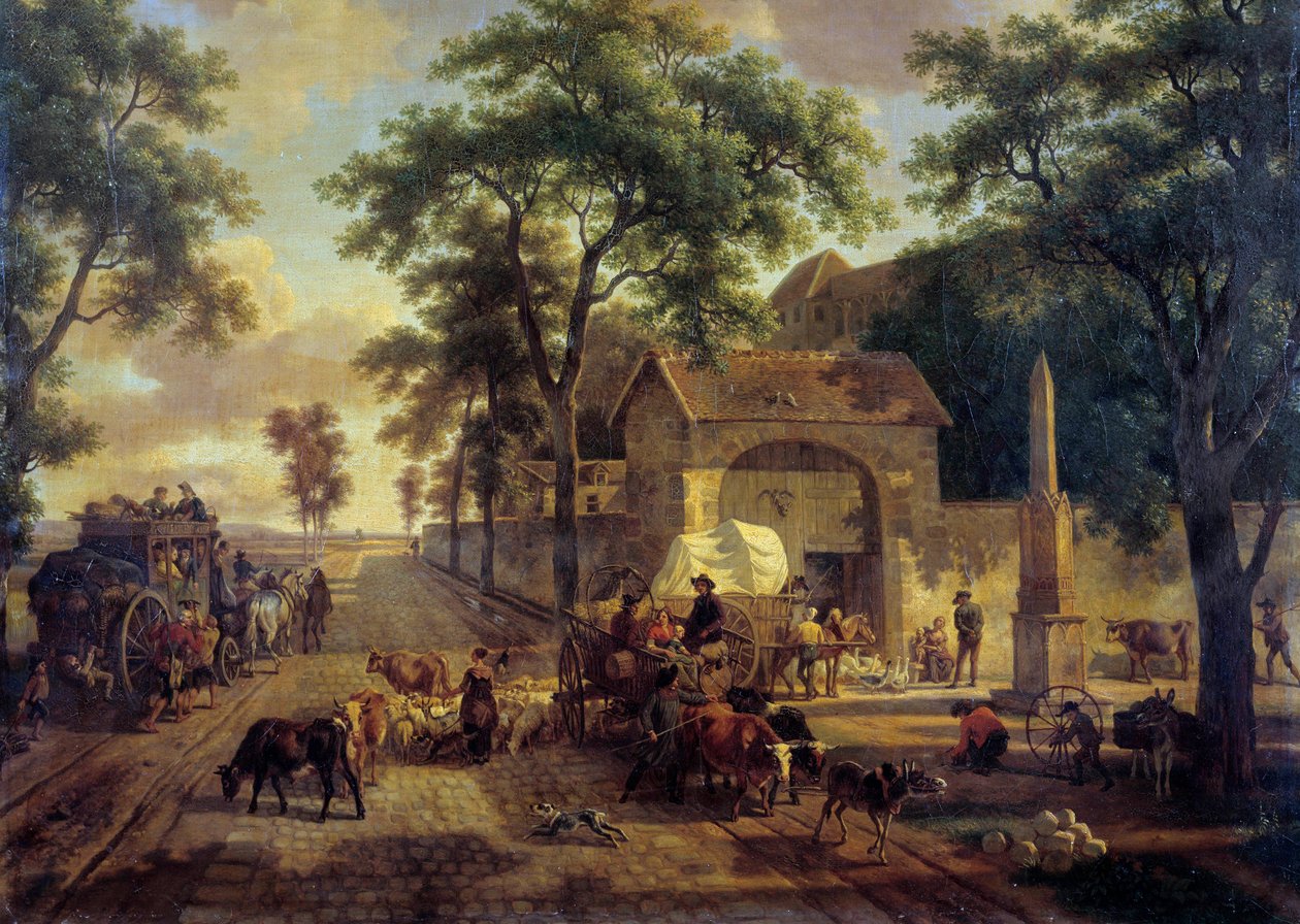 طريق ذو مناظر طبيعية بعربة فلاحين وقطعان ورعاة. رسم جان لويس ديمارن (1744-1829) القرن التاسع عشر. خافت. 0،5x0،61 م. بواسطة جان لويس ديمارن