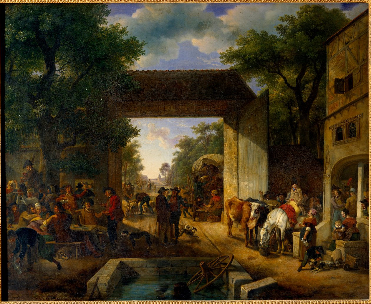 معرض على باب أحد النزل رسم جان لويس ديمارن (1744-1829) القرن التاسع عشر. 0،5x0،6 م بواسطة جان لويس ديمارن