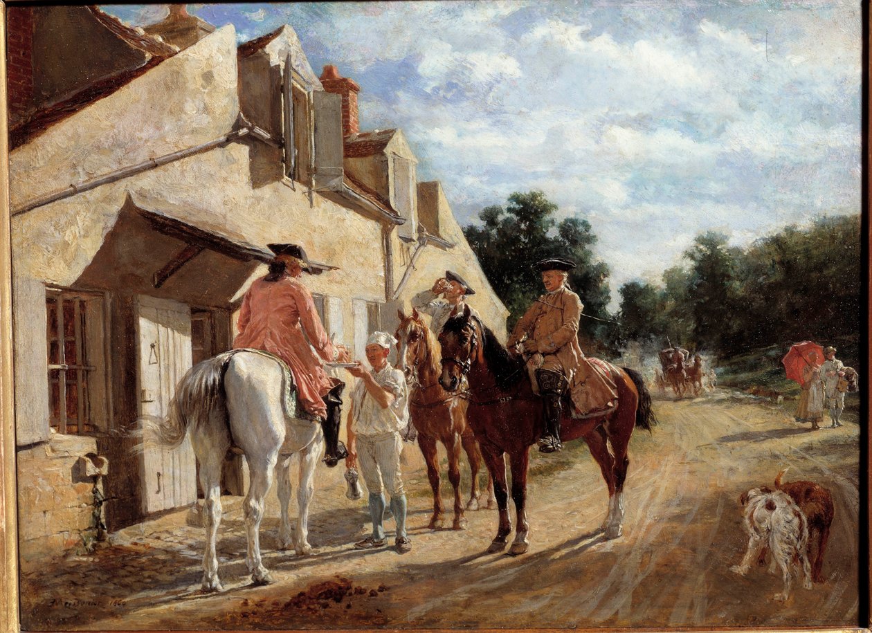 Au Tourne-bride, also known as Tournebride en bois de Saint-Germain Horsemen taking a break in a relay in the forest of Saint Germain en Laye. Painting by Jean-Louis-Ernest Meissonier (1815-1891) 1860. Sun 0,17x0,23 m Paris, musee d