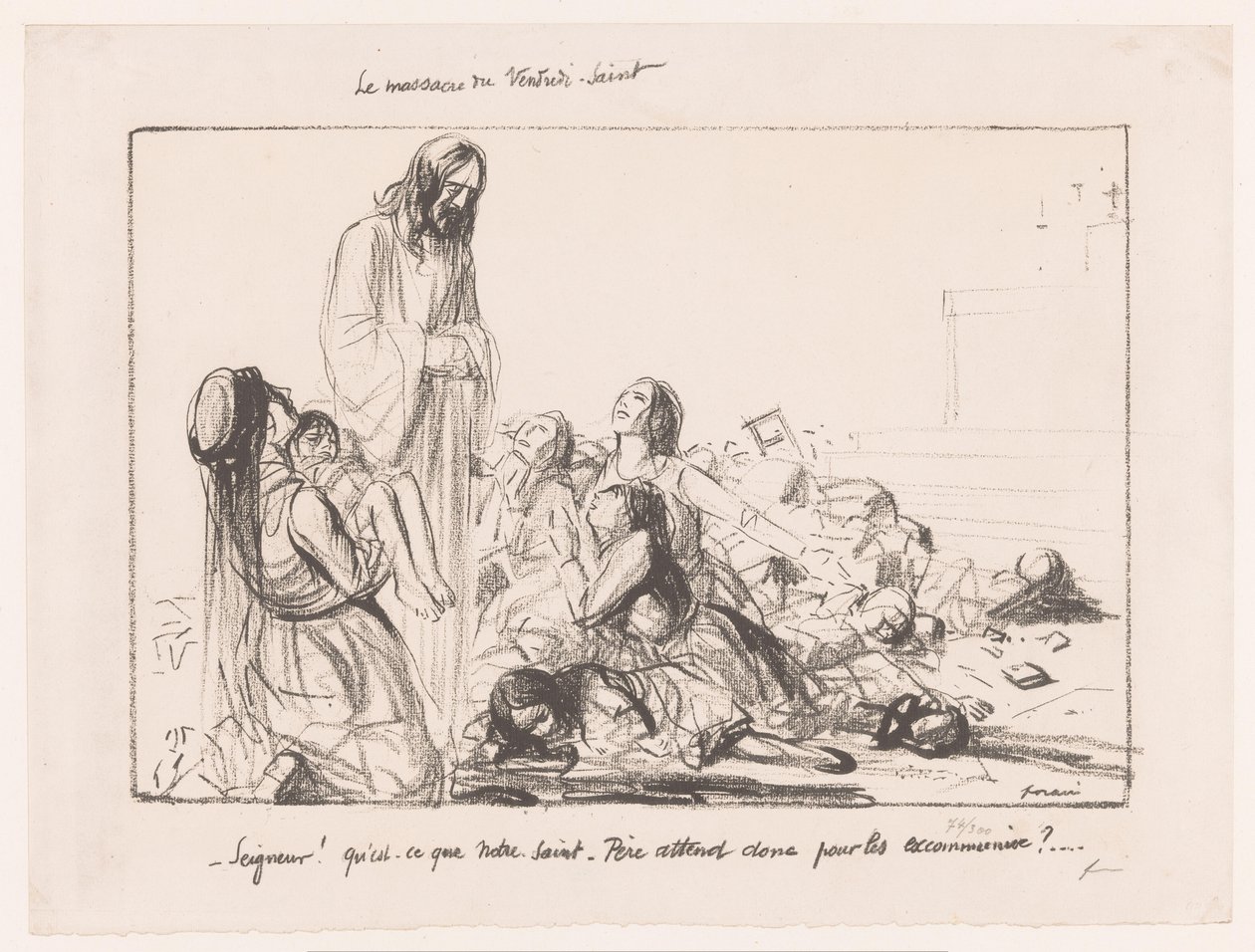 النساء في الكنيسة المدمرة ينددن بالمسيح Le Massacre du Vendredi-Saint (العنوان على الكائن) بواسطة جان لويس فورين