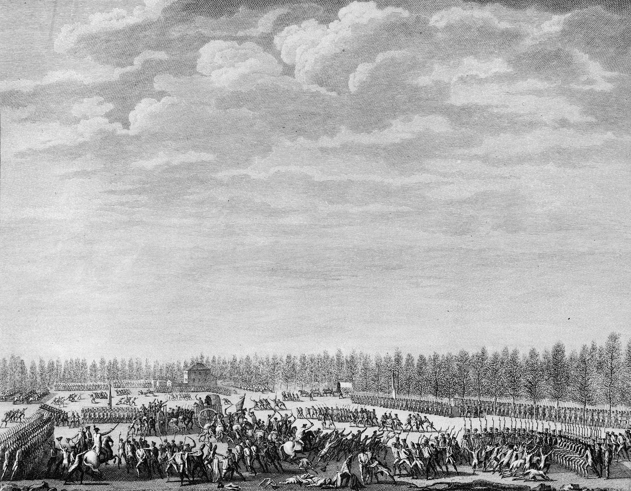 الثورة الفرنسية: قام جيلبرت دو موتير ، ماركيز دو لا فاييت (1757-1834) بنزع سلاح مائتي جندي بسبب عدم الانضباط في الشانزليزيه في باريس في 12 يناير 1790. نقش لبيرثاوت بعد بريور. باريس ، مكتبة معهد تاريخ ر بواسطة جان لويس الثاني (بعد) بريور