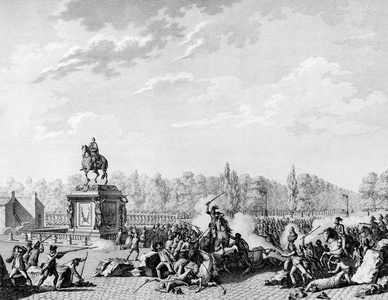 الثورة الفرنسية: مكان لويس الخامس عشر ، تنانين تشارلز يوجين دي لورين ، أمير لامبيسك (1754-1825) حملت موكبًا يحمل تمثال نصفي لجاك نيكر (1732-1804) ودوق أورليانز في 12 يوليو 1789. نقش بيرثاوت بعد قبل. باريس، بواسطة جان لويس الثاني (بعد) بريور