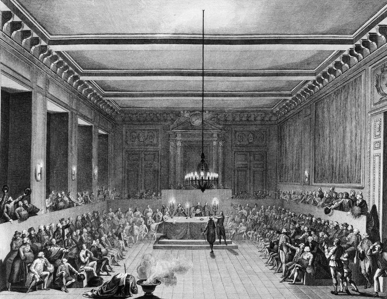 الثورة الفرنسية: رفضت بلدية باريس المواطن الإنجليزي كريستوفر جون ويليامز نيشام (1771-1853) في 15 يناير 1790. نقش لبيرثاوت دابريس بريور باريس ، مكتبة معهد تاريخ الثورة بواسطة جان لويس الثاني (بعد) بريور