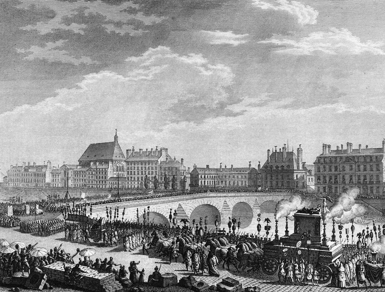 الثورة الفرنسية: انتصار فرانسوا ماري أرويت ديت فولتير (1694-1778) في 11 يوليو 1791 (خزان المرح من بقايا فولتير يمر على الجسر الملكي). نقش بيرثوت بعد بريور. باريس ، مكتبة معهد تاريخ بواسطة جان لويس الثاني (بعد) بريور