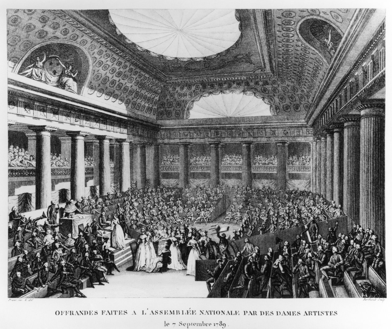 العروض المقدمة إلى الجمعية الوطنية في Salle des Menus-Plaisirs من قبل فنانات ، 7 سبتمبر 1789 ، نقشها بيير غابرييل بيرثولت (1737-1831) بواسطة جان لويس بريور