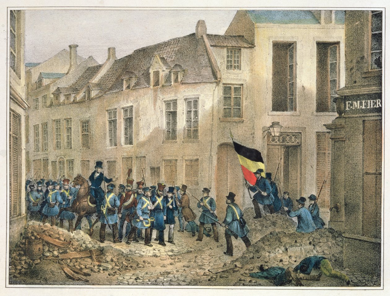 شارع اللوفان ، بروكسل ، 23 سبتمبر 1830 ، منقوش بواسطة AM Jobard (fl.1820-30) بواسطة جان لويس فان هيميلريك