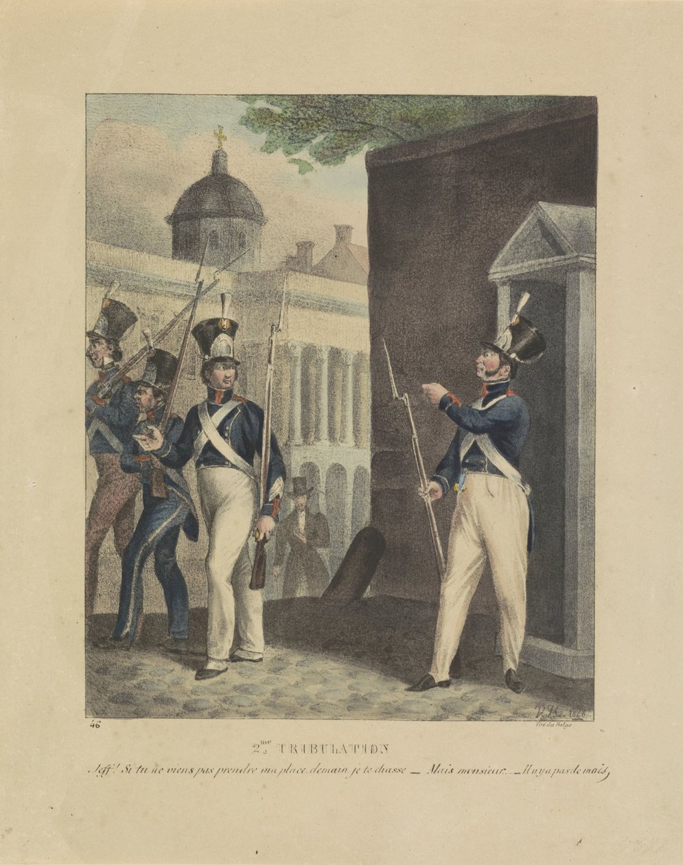المحاكمة الثانية ، 1828 2me المحنة. جيف! si tu ne viens pas prendre ma place، demain je te chasse - Mais monsieur - Il n y a pas de mais (title on object) كاريكاتير عن التفاوتات داخل الميليشيا البلجيكية 1828 (عنوان المسلسل) بواسطة جان لويس فان هيميلريك