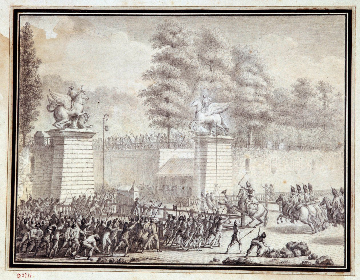French Revolution: “” Monsieur de Lambesc entering the Tuileries with a detachment from the Royal German Regiment on 12 July 1789”” Drawing in ink and wash by Jean-Louis Prieur (1759-1795) بواسطة جان لويس الأصغر بريور
