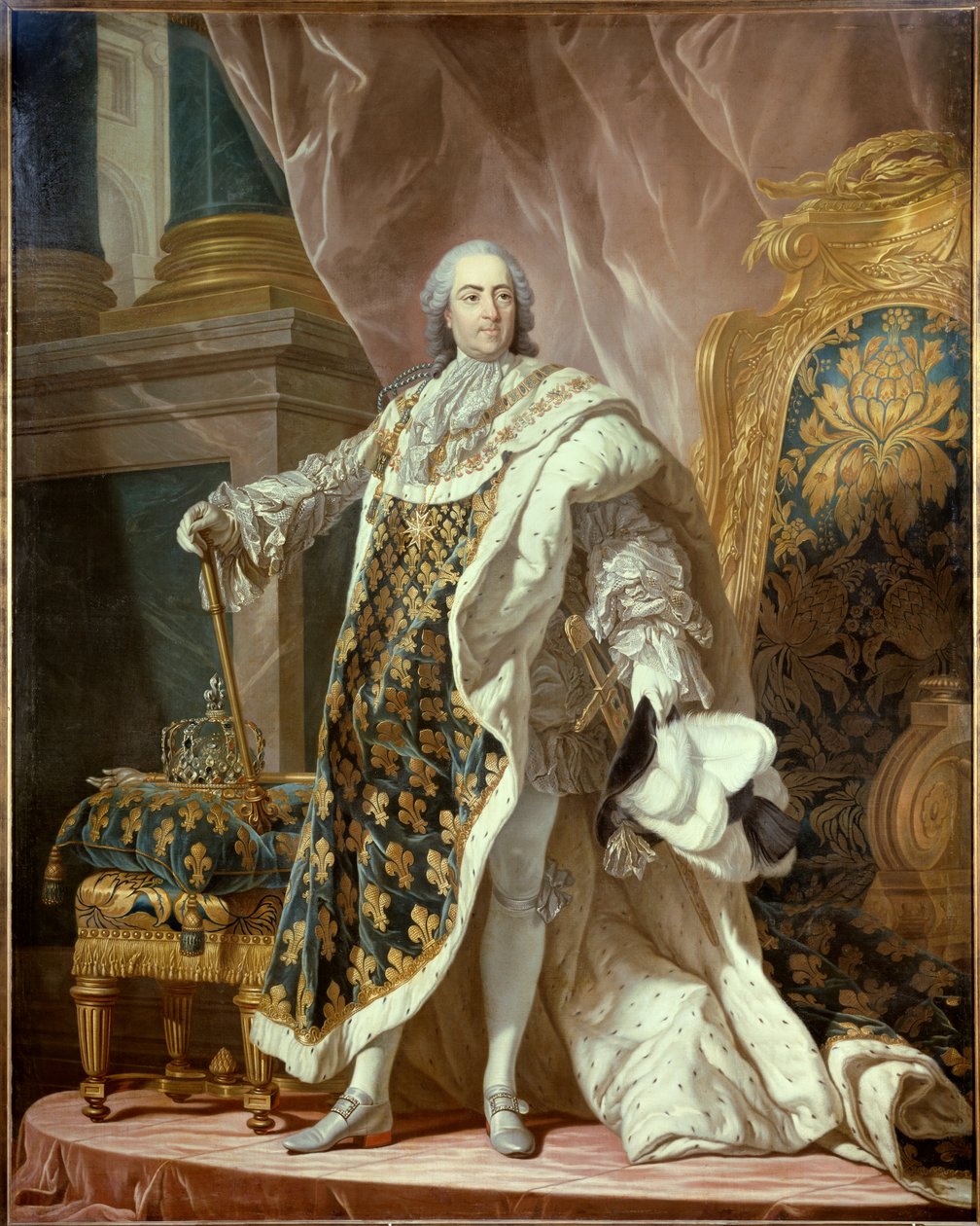 صورة في القدم للملك لويس الخامس عشر (1710-1774) في زي مقدس ، ملك فرنسا. رسم جان مارتيال فريدو (1710-1774) بعد لويس ميشيل فان لو (1707-1771) 1761 Dim. 2،77 × 1،95 م - صورة كاملة الطول للويس الخامس عشر (1710-1774) ، ملك فرنسا ، في التاج بواسطة جان مارتيال فريدو