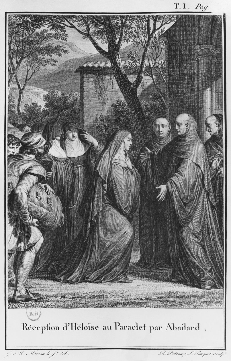 أبيلارد يرحب بهلويز في باراكليتي ، توضيح من "Lettres d&39;Heloise et d&39;Abelard" ، المجلد الأول ، 1795 بواسطة جان ميشيل الأصغر مورو