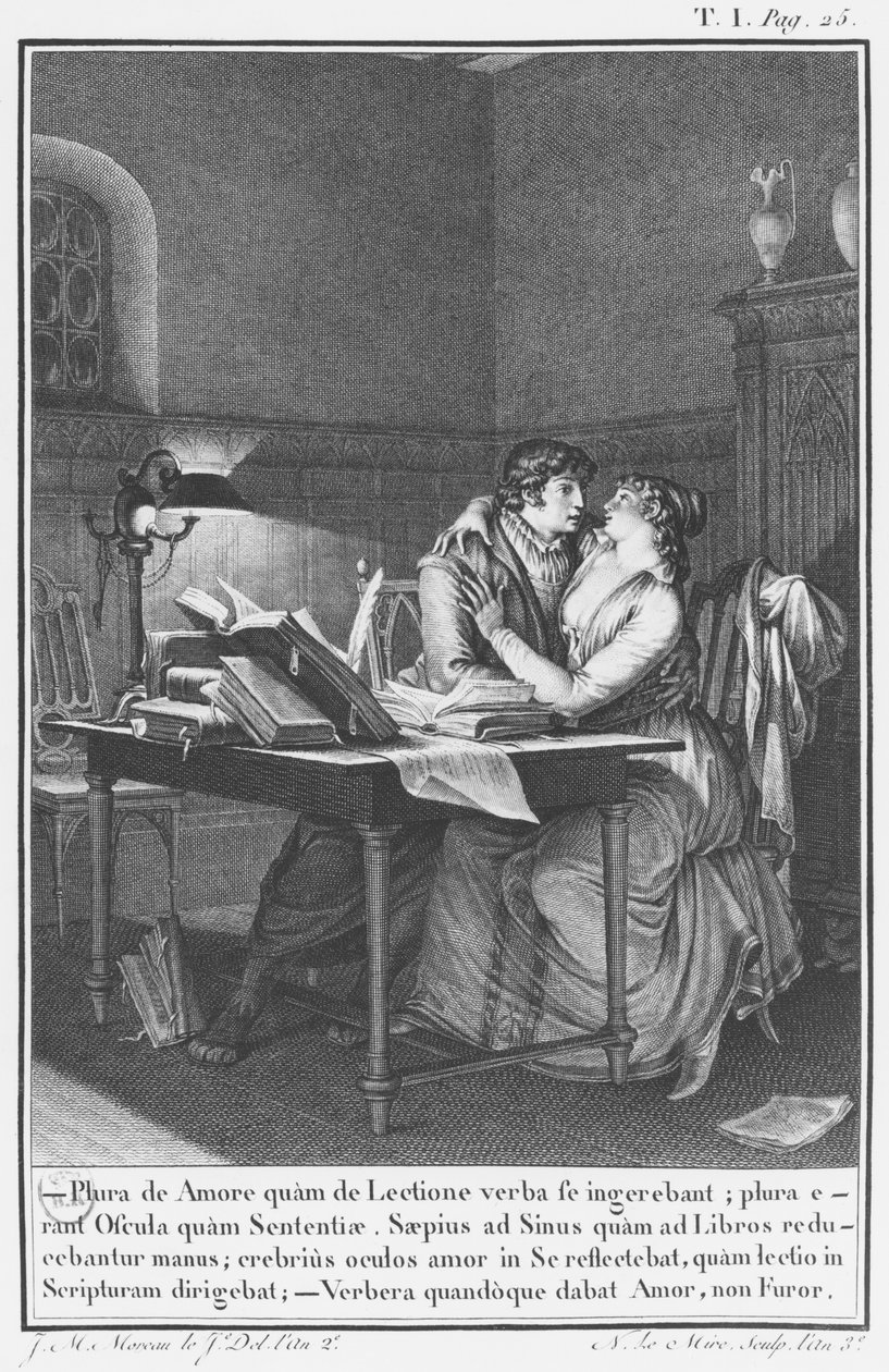 Heloise and Abelard في دراستهما ، توضيح من "Lettres d&39;Heloise et d&39;Abelard" ، المجلد الأول ، الصفحة 25 ، محفورة بواسطة نويل لو مير (1724-1800) 1795 بواسطة جان ميشيل الأصغر مورو