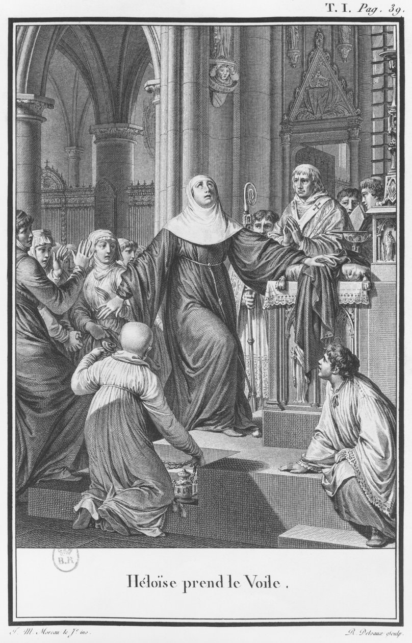 Heloise أخذ الحجاب ، التوضيح من "Lettres d&39;Heloise et d&39;Abelard" ، المجلد الأول ، الصفحة 39 ، محفورة بواسطة Remi Delvaux (1748-1823) 1795 بواسطة جان ميشيل الأصغر مورو