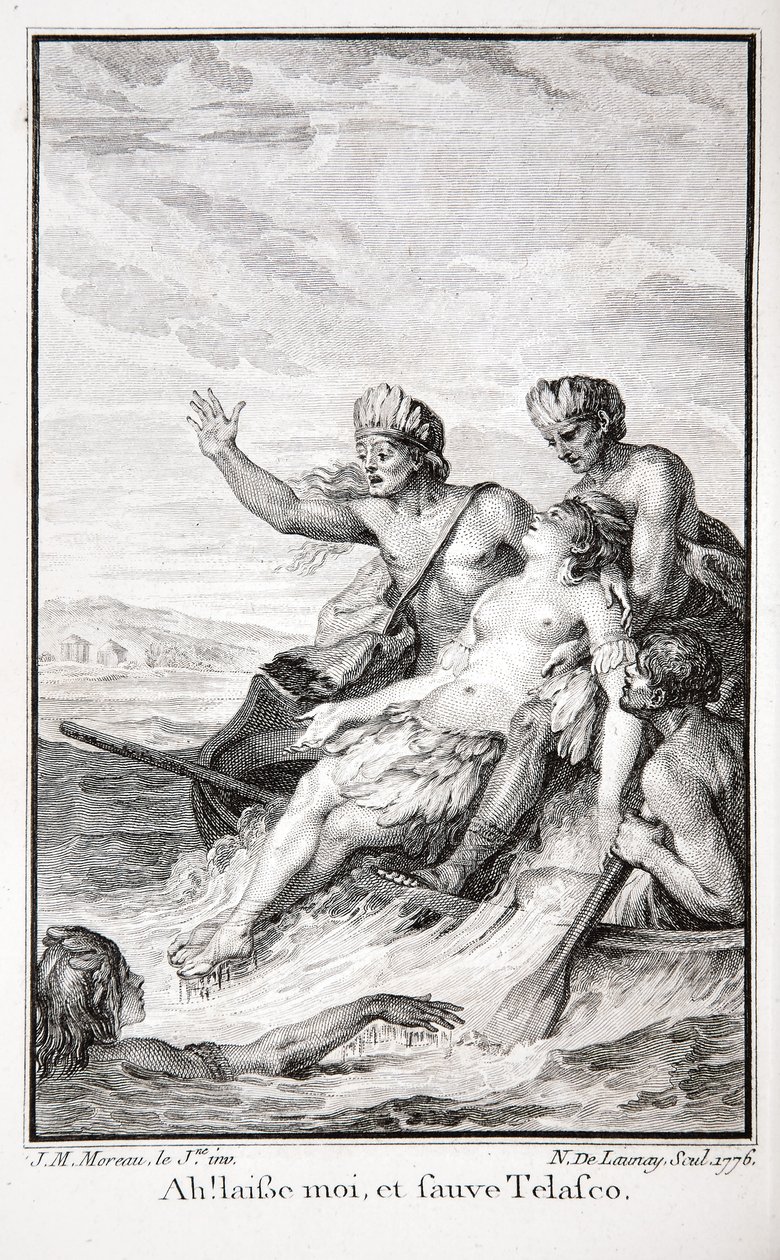 آه! اتركيني ، واحفظي Telasco! ، رسم توضيحي من "الأنكا ، أو تدمير إمبراطورية بيرو" بقلم جان فرانسوا مارمونتيل ، نقشه نيكولاس ديلاوناي بواسطة جان ميشال الأصغر (بعد) مورو