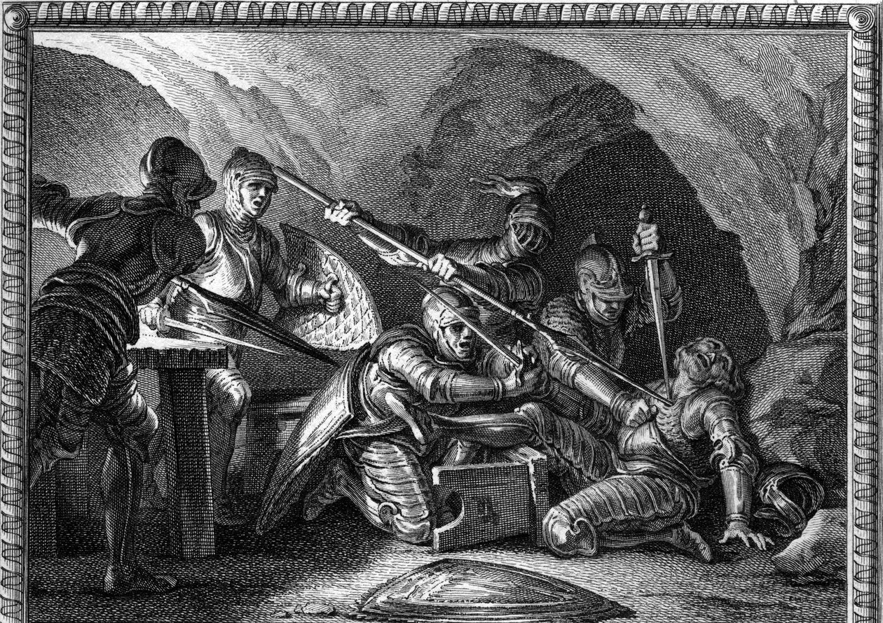 اغتيال Waifre (أو Gaifier) ، دوق آكيتين (767 أو 768). نقش رومانيه بعد مورو لو جون (1779). بواسطة جان ميشال الأصغر (بعد) مورو
